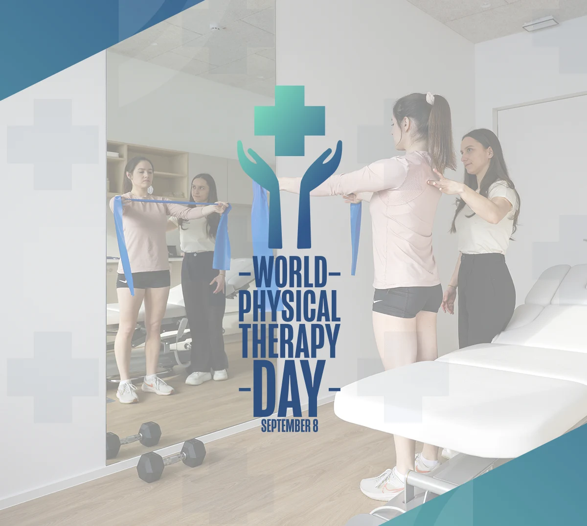 World Physiotherapy Day graphic with a physiotherapy exercise session and treatment table in a clinic.