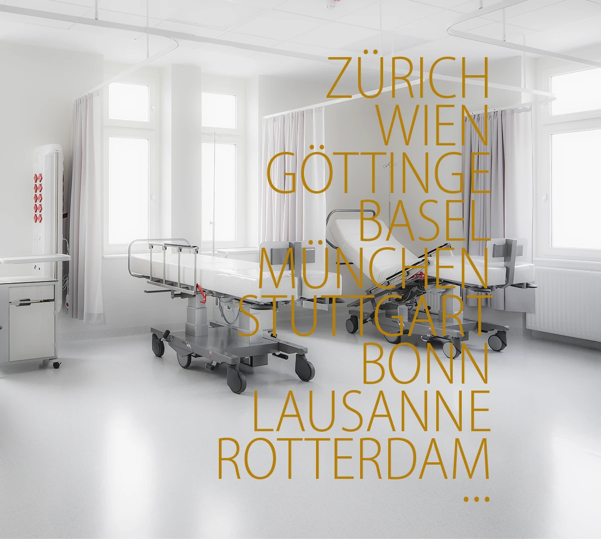 Names of European cities displayed over a bright hospital corridor, representing hospitals using Novak M equipment.